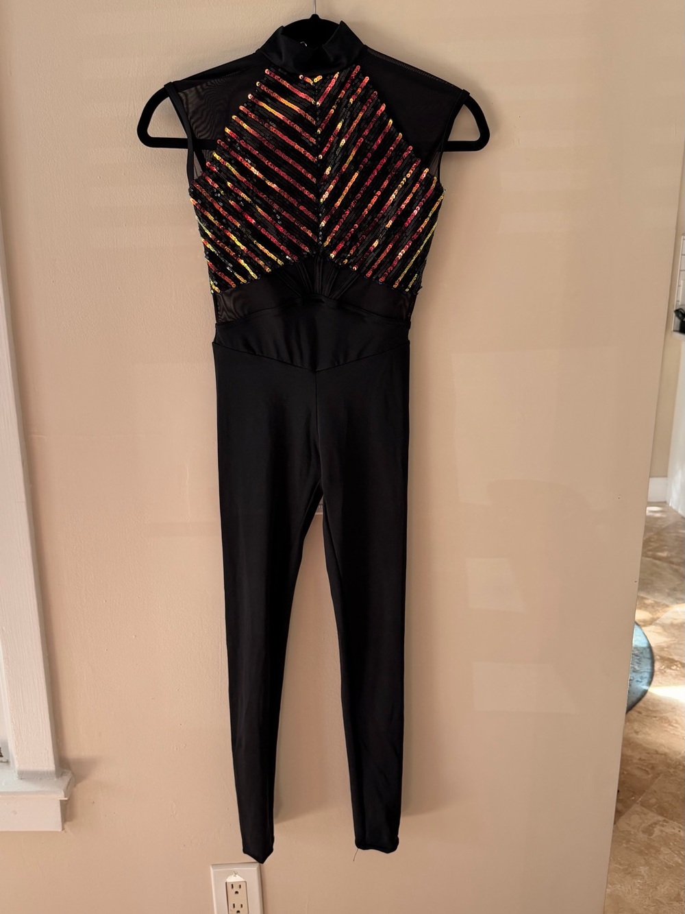 Weissman Dance Costume Black Sequin-Detail Jumpsuit with Multicolor Accents MC
